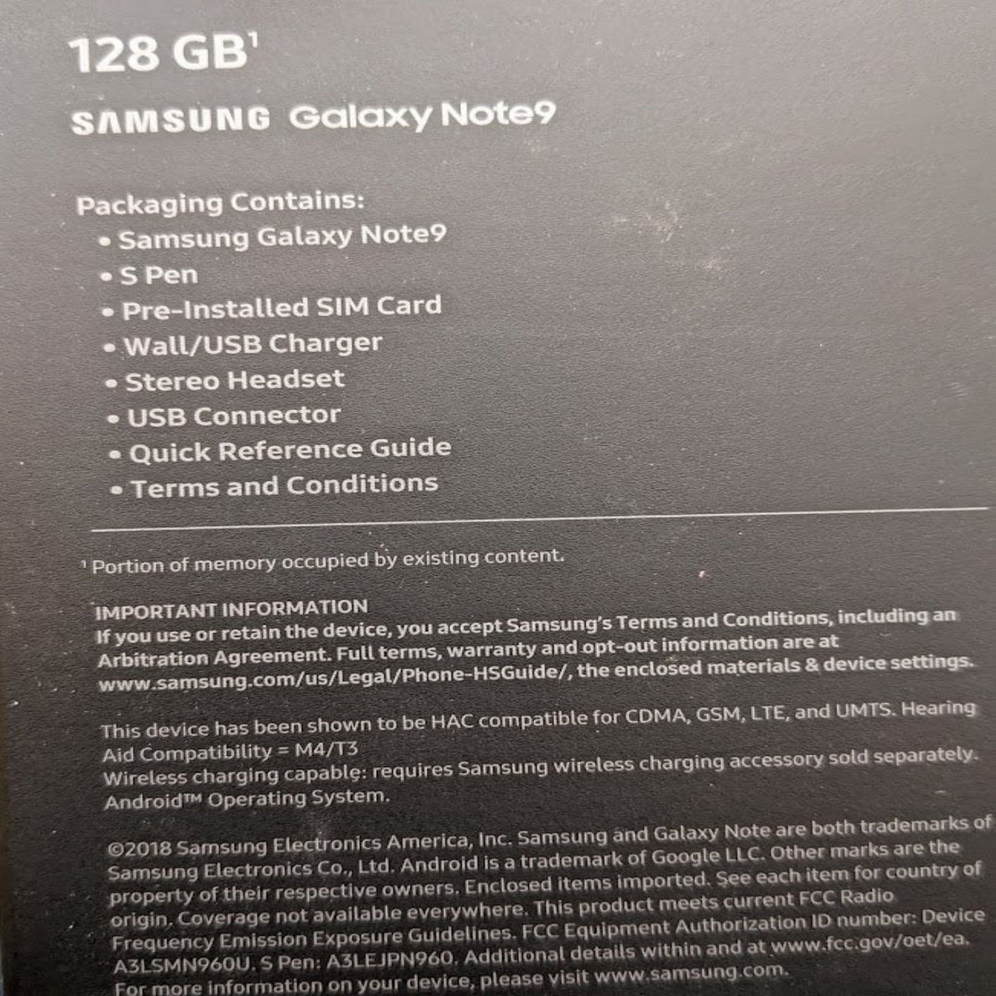 Samsung Galaxy Note 9 128GB, pre-installed SIM, stereo headset, wall/usb charger, usb connector, S pen, refurbished phone  